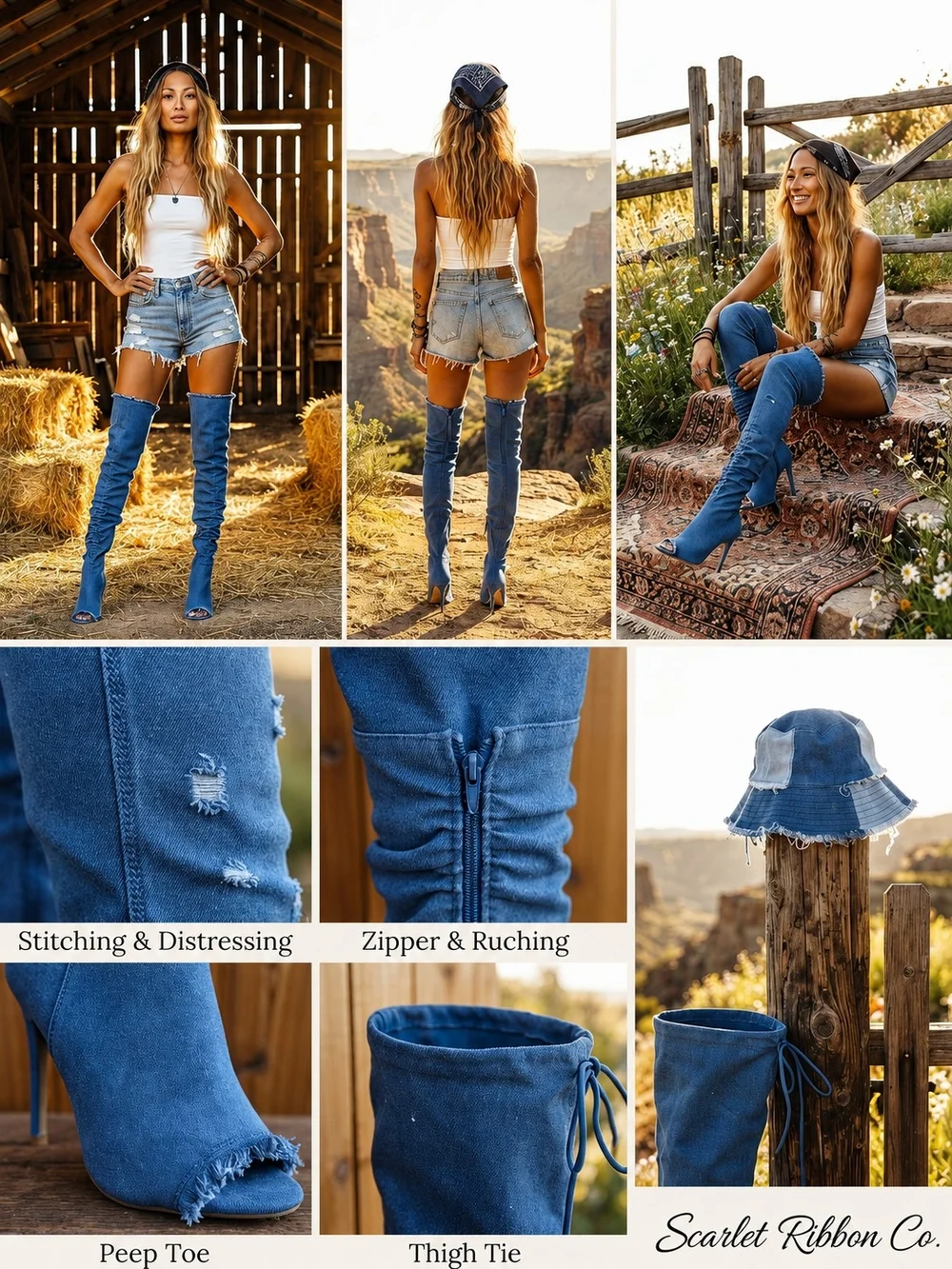 ✨ Distressed Denim Peep-Toe Over-The-Knee Stiletto Boots